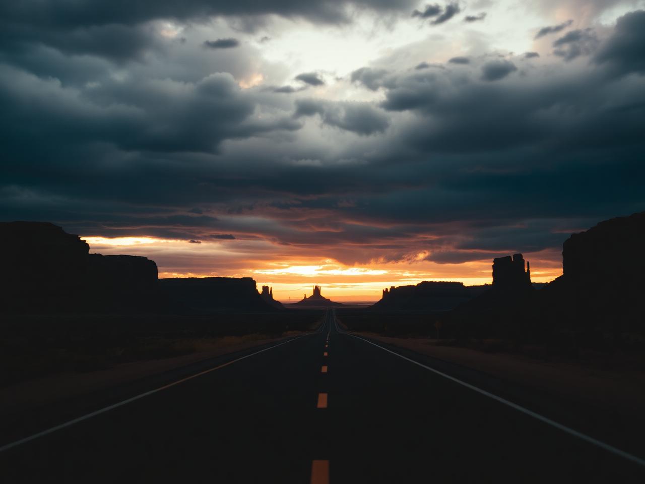 Desert highway at sunset
